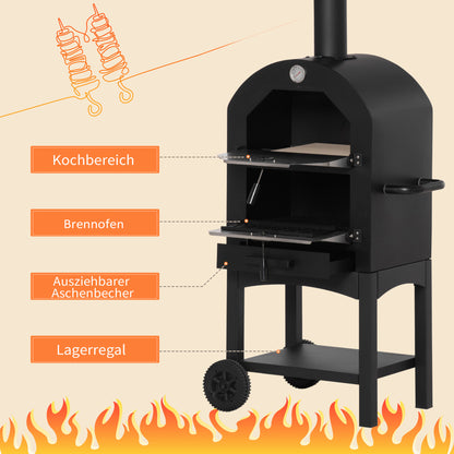 2-In-1 Outdoor Pizza Oven with Wheels BBQ Grill with Cover Pizza Peel 2 Grill Nets Grill Cart with Chimney 3-Tier Wood Fired Oven for BBQ Steel Black+Silver 63 x 54 x 161 cm