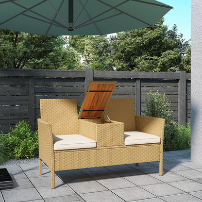 2-Seater Rattan and Steel Garden Bench with Cushions and Folding Table with Hidden Storage Space, Outdoor Sofa, 134x58x82 cm, Cream and Khaki