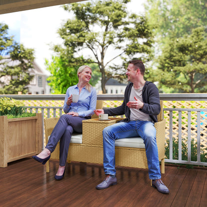 2-Seater Rattan and Steel Garden Bench with Cushions and Folding Table with Hidden Storage Space, Outdoor Sofa, 134x58x82 cm, Cream and Khaki