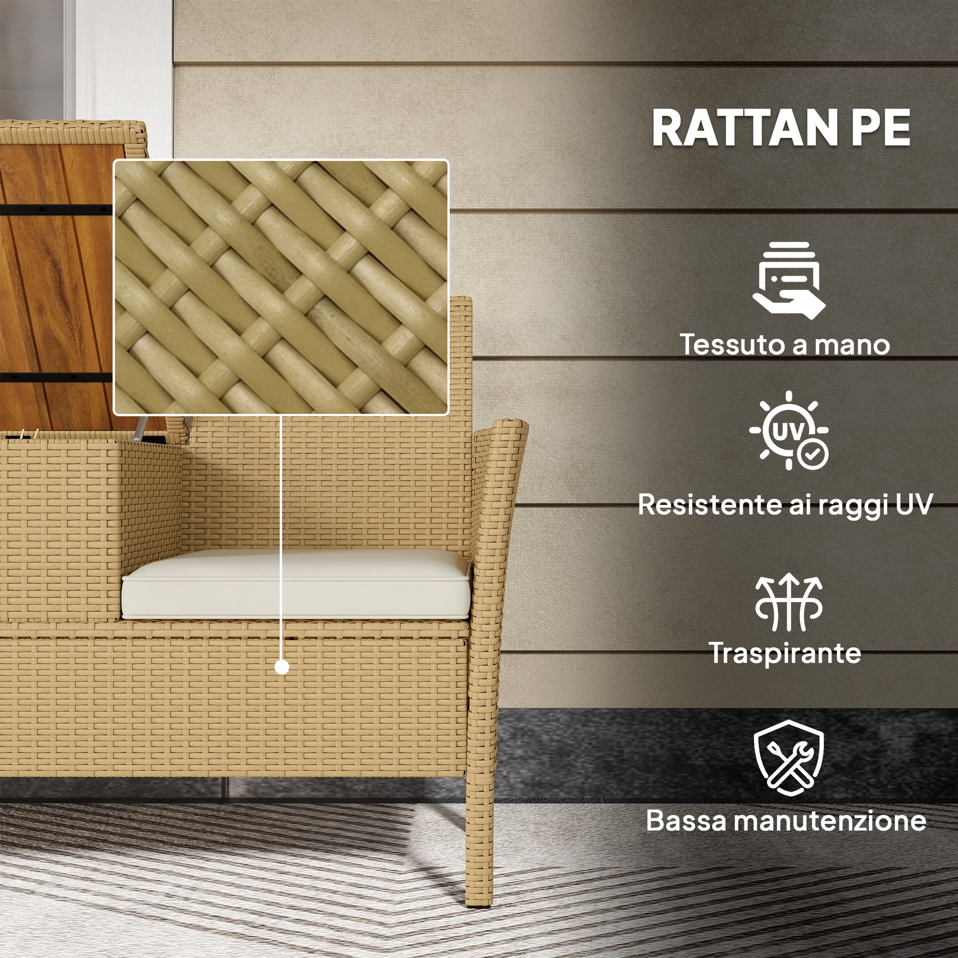 2-Seater Rattan and Steel Garden Bench with Cushions and Folding Table with Hidden Storage Space, Outdoor Sofa, 134x58x82 cm, Cream and Khaki