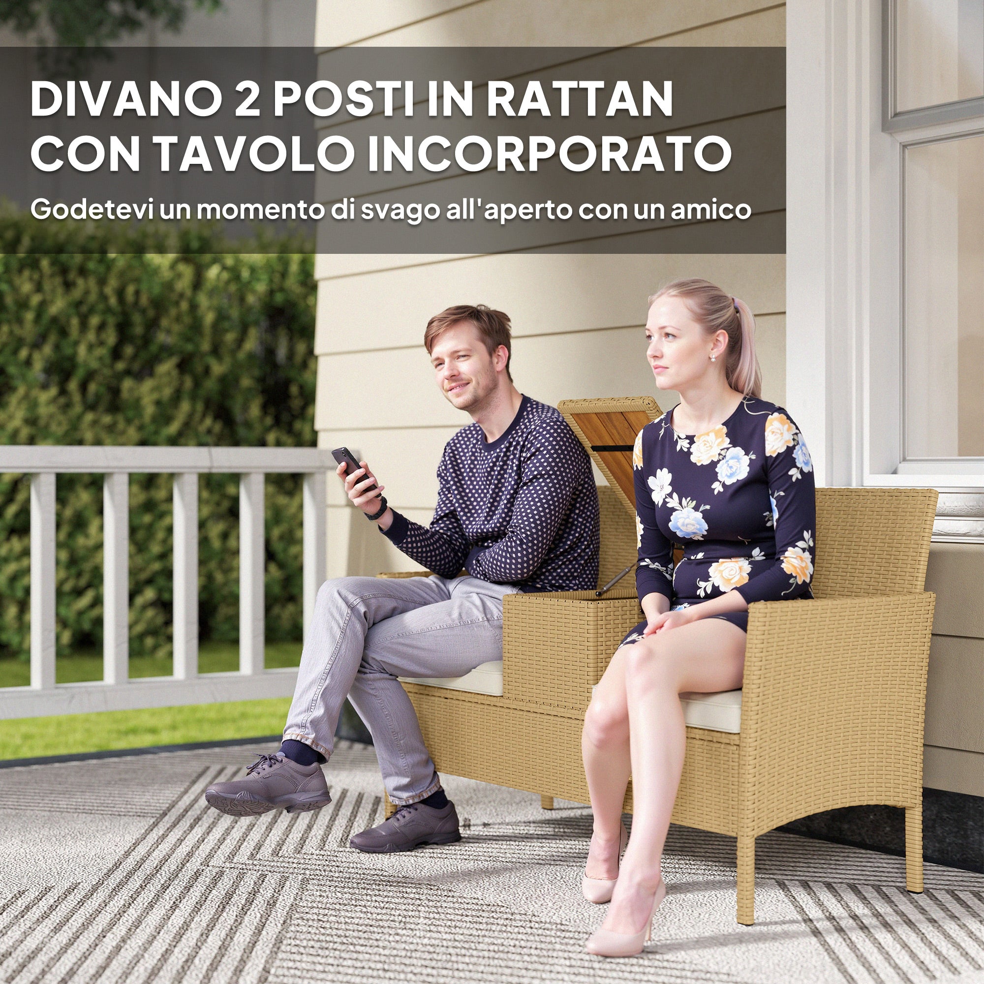 2-Seater Rattan and Steel Garden Bench with Cushions and Folding Table with Hidden Storage Space, Outdoor Sofa, 134x58x82 cm, Cream and Khaki