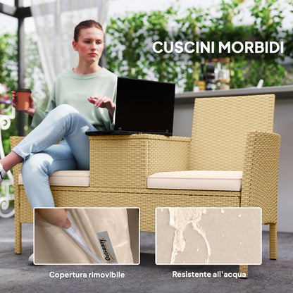 2-Seater Rattan and Steel Garden Bench with Cushions and Folding Table with Hidden Storage Space, Outdoor Sofa, 134x58x82 cm, Cream and Khaki