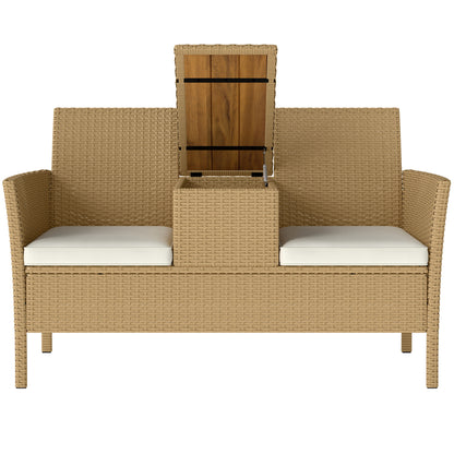 2-Seater Rattan and Steel Garden Bench with Cushions and Folding Table with Hidden Storage Space, Outdoor Sofa, 134x58x82 cm, Cream and Khaki