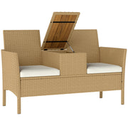 2-Seater Rattan and Steel Garden Bench with Cushions and Folding Table with Hidden Storage Space, Outdoor Sofa, 134x58x82 cm, Cream and Khaki