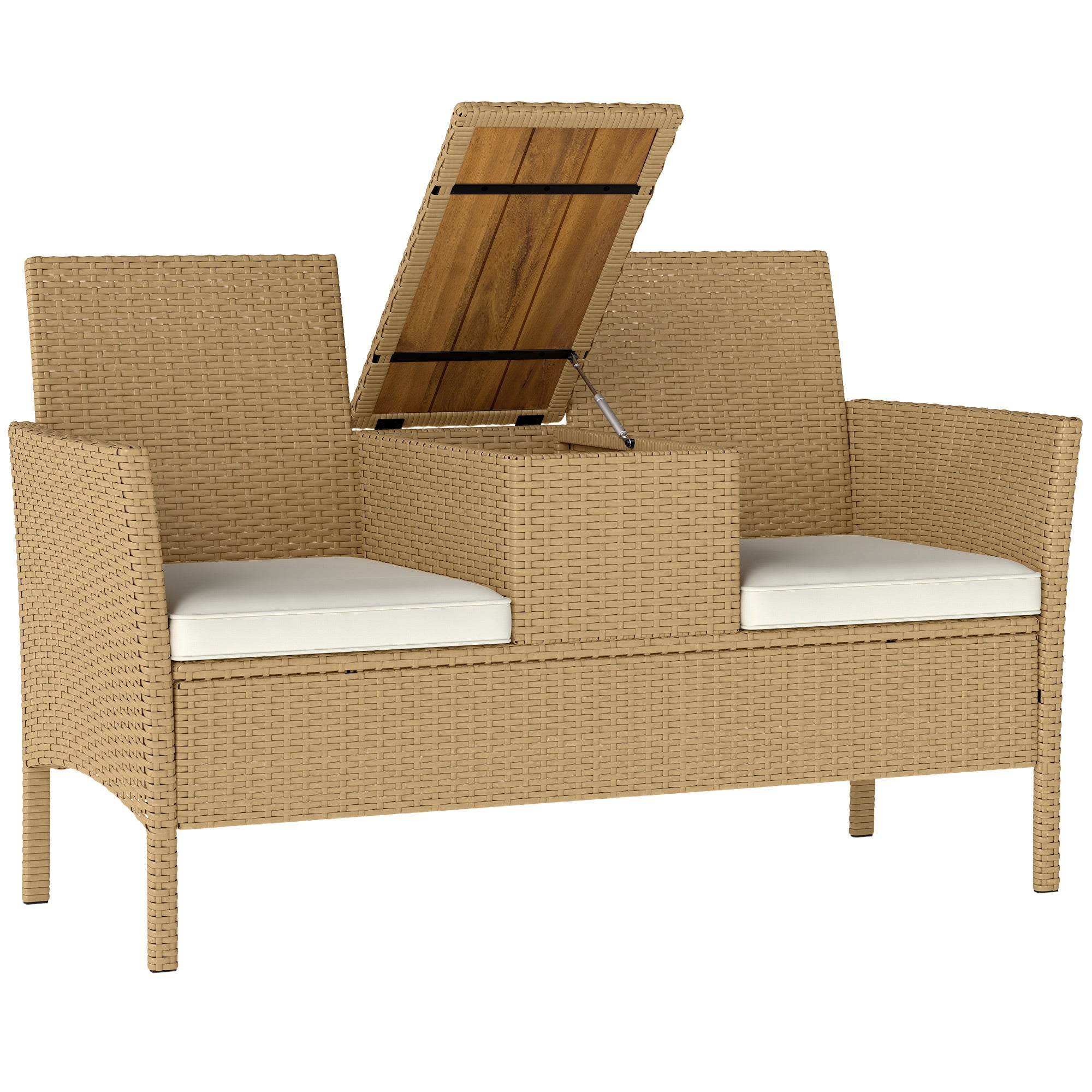 2-Seater Rattan and Steel Garden Bench with Cushions and Folding Table with Hidden Storage Space, Outdoor Sofa, 134x58x82 cm, Cream and Khaki