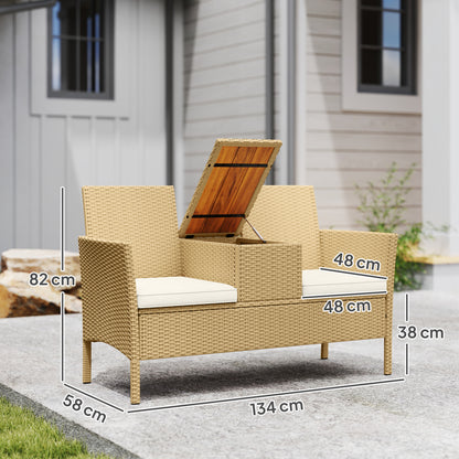 2-Seater Rattan and Steel Garden Bench with Cushions and Folding Table with Hidden Storage Space, Outdoor Sofa, 134x58x82 cm, Cream and Khaki