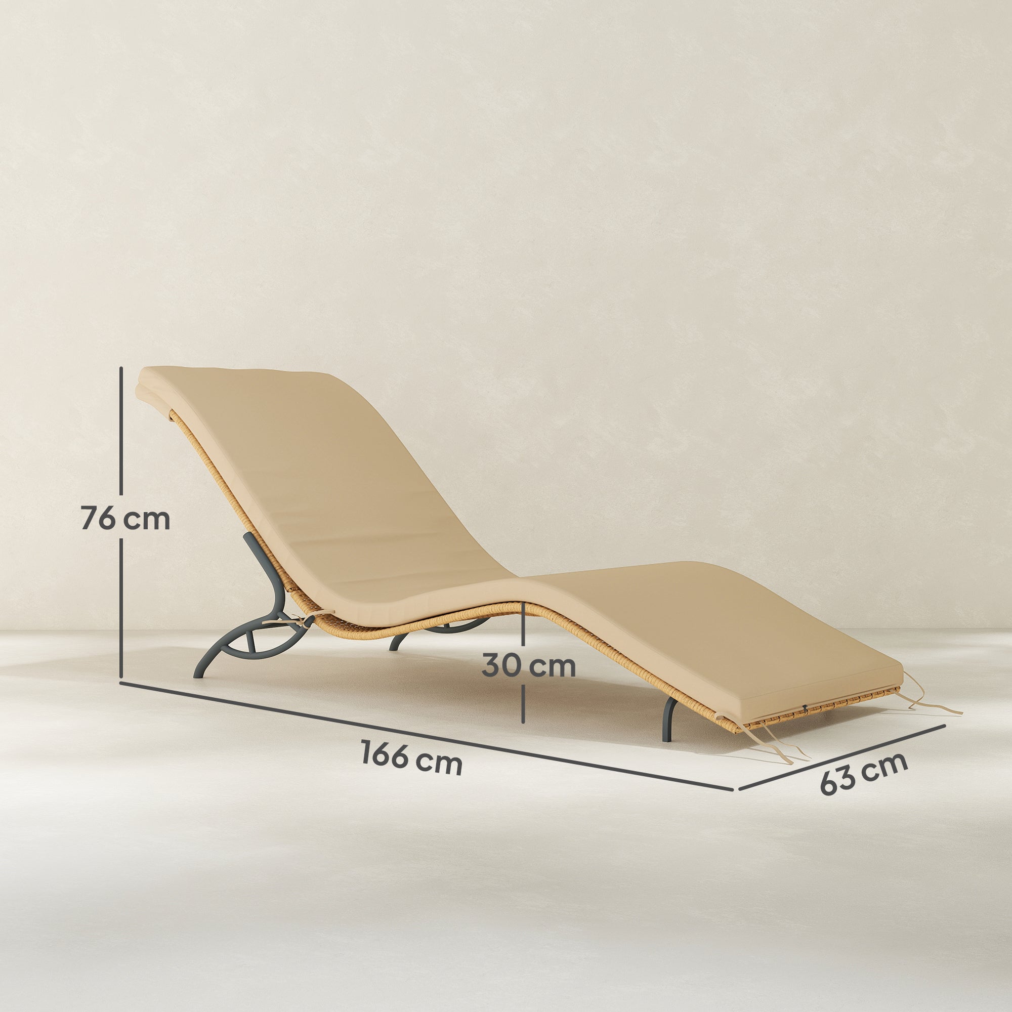 Rattan Sun Lounger Water-Repellent Garden Lounger with Cushion, Weatherproof Lounger 120 kg Load Capacity UV Resistant Recliner Sun Lounger Garden Furniture for Garden Balcony Outdoor 166 x 63 x 76 cm Beige