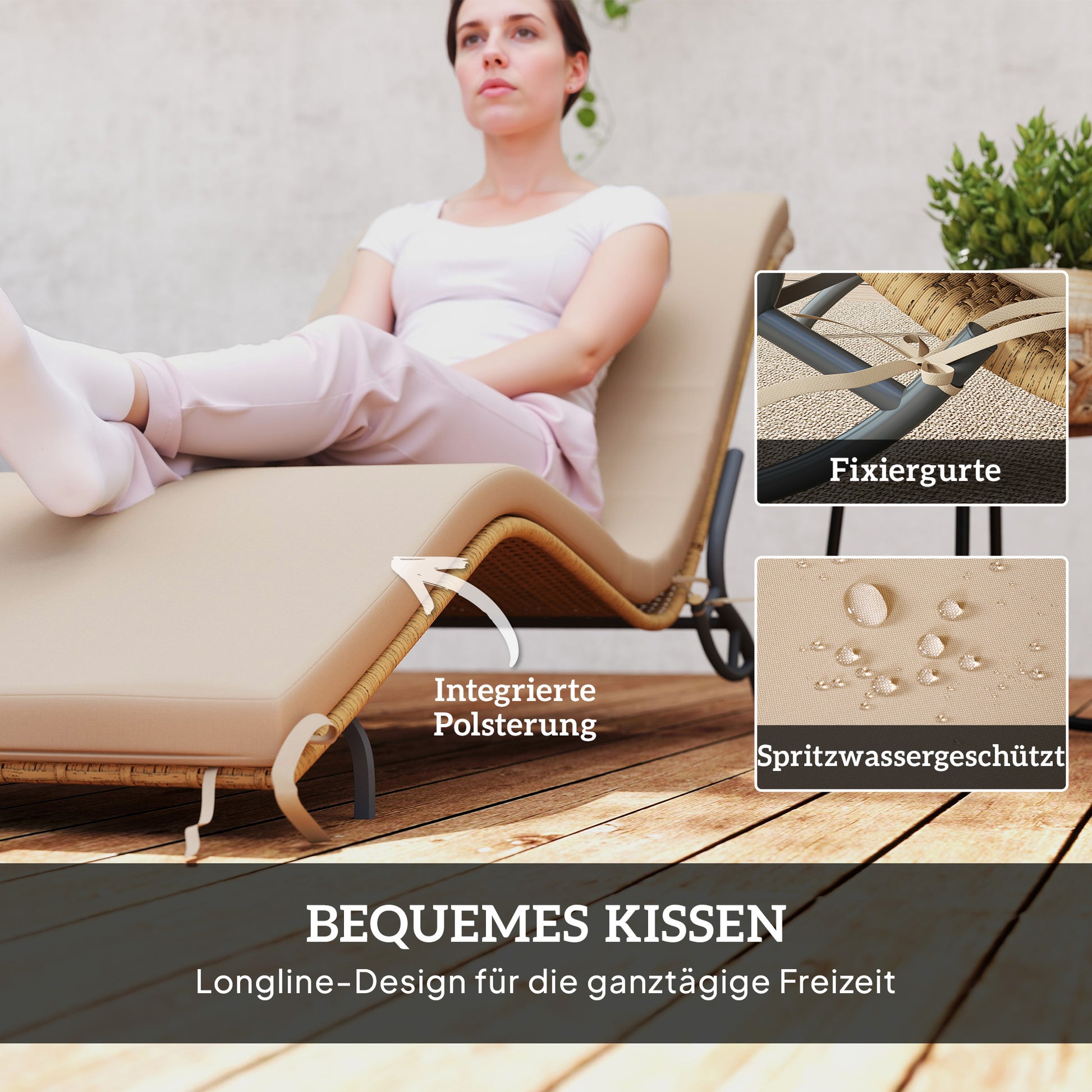 Rattan Sun Lounger Water-Repellent Garden Lounger with Cushion, Weatherproof Lounger 120 kg Load Capacity UV Resistant Recliner Sun Lounger Garden Furniture for Garden Balcony Outdoor 166 x 63 x 76 cm Beige