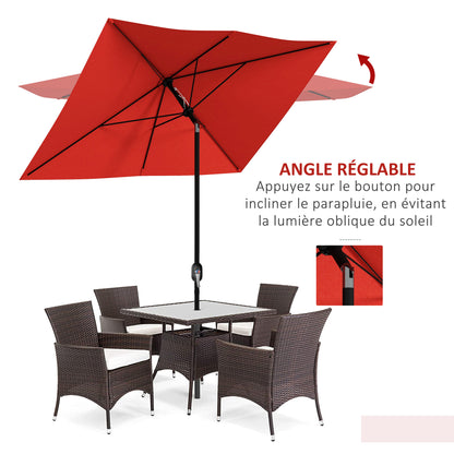 Rectangular Tilted Parasol 2 x 3m with Crank High Density Waterproof Polyester Fabric 180 g/m² - Red