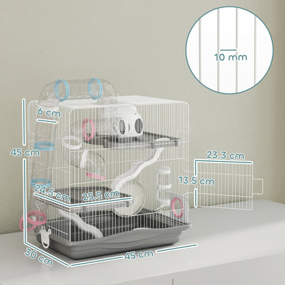 3-Level Hamster Cage with 14 Tubes, House, Ramp, Bowls, Water Bottle & Drip Tray — Metal & Plastic, 45 x 30 x 45 cm (17.7 x 11.8 x 17.7 in), Grey