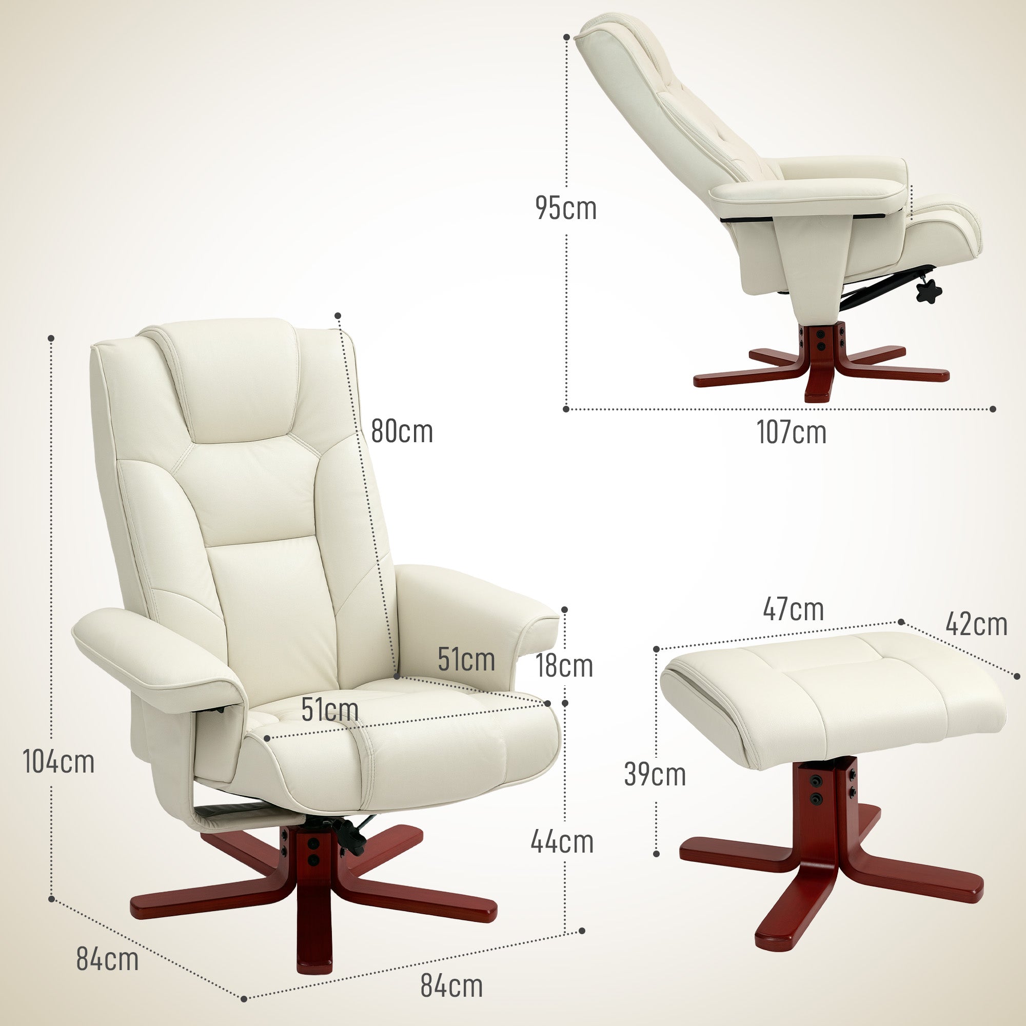 Reclining Chair with Footstool, TV Armchair with Reclining Function, Rocking Feature, Padded Recliner with Adjustable Backrest, up to 150 kg, for Living Room, Faux Leather, Cream White