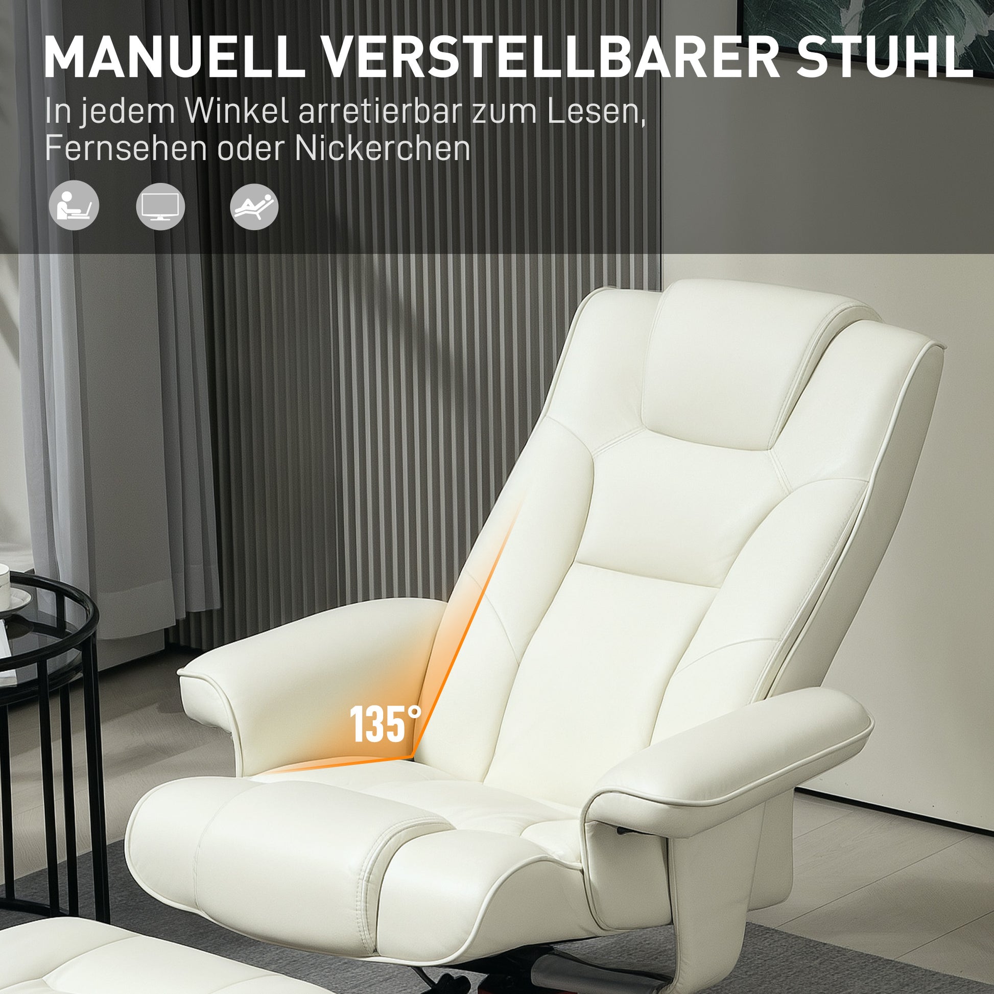 Reclining Chair with Footstool, TV Armchair with Reclining Function, Rocking Feature, Padded Recliner with Adjustable Backrest, up to 150 kg, for Living Room, Faux Leather, Cream White