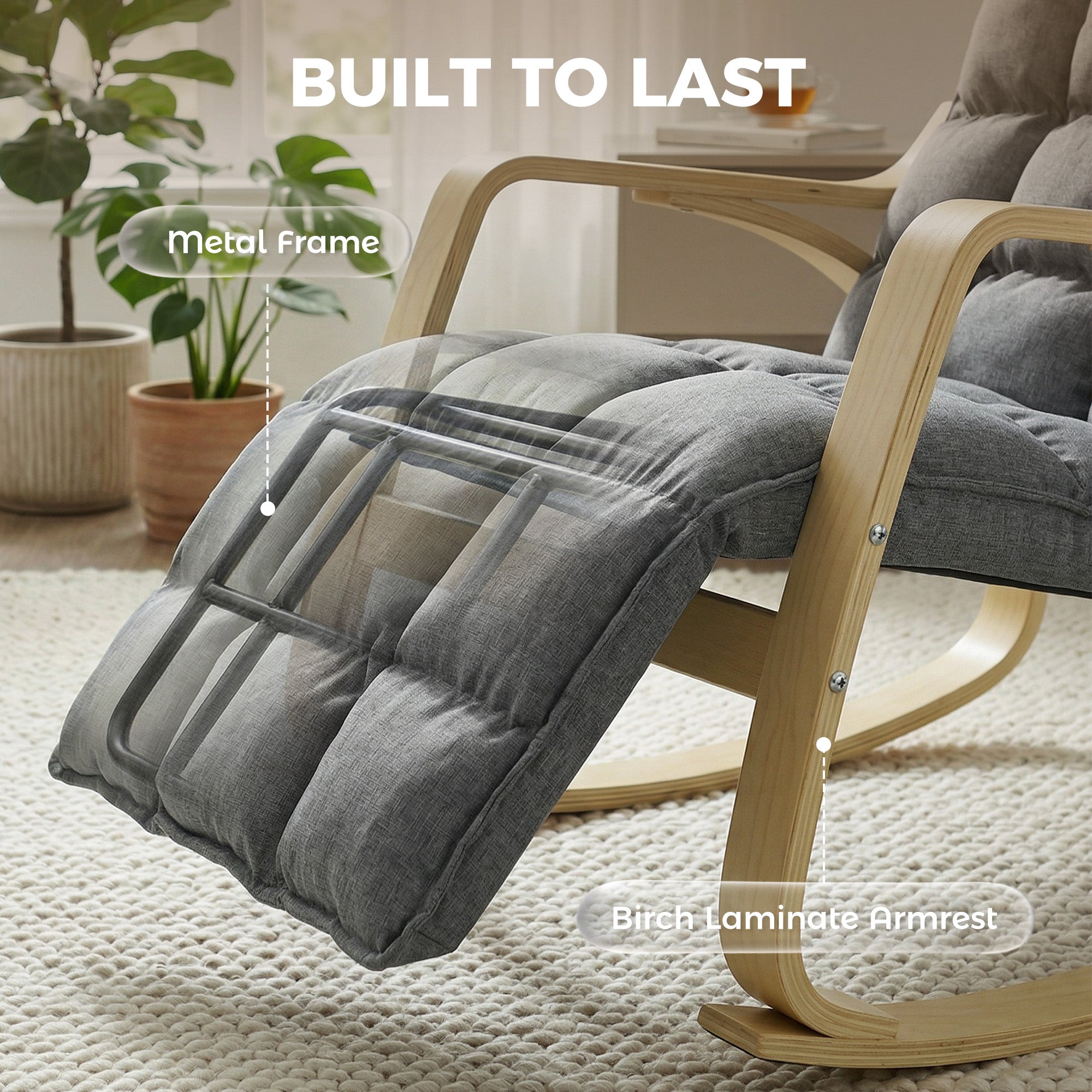 Rocking Recliner with 5-Position Adjustable Footrest, High Back, Linen-Look Upholstery — Gray