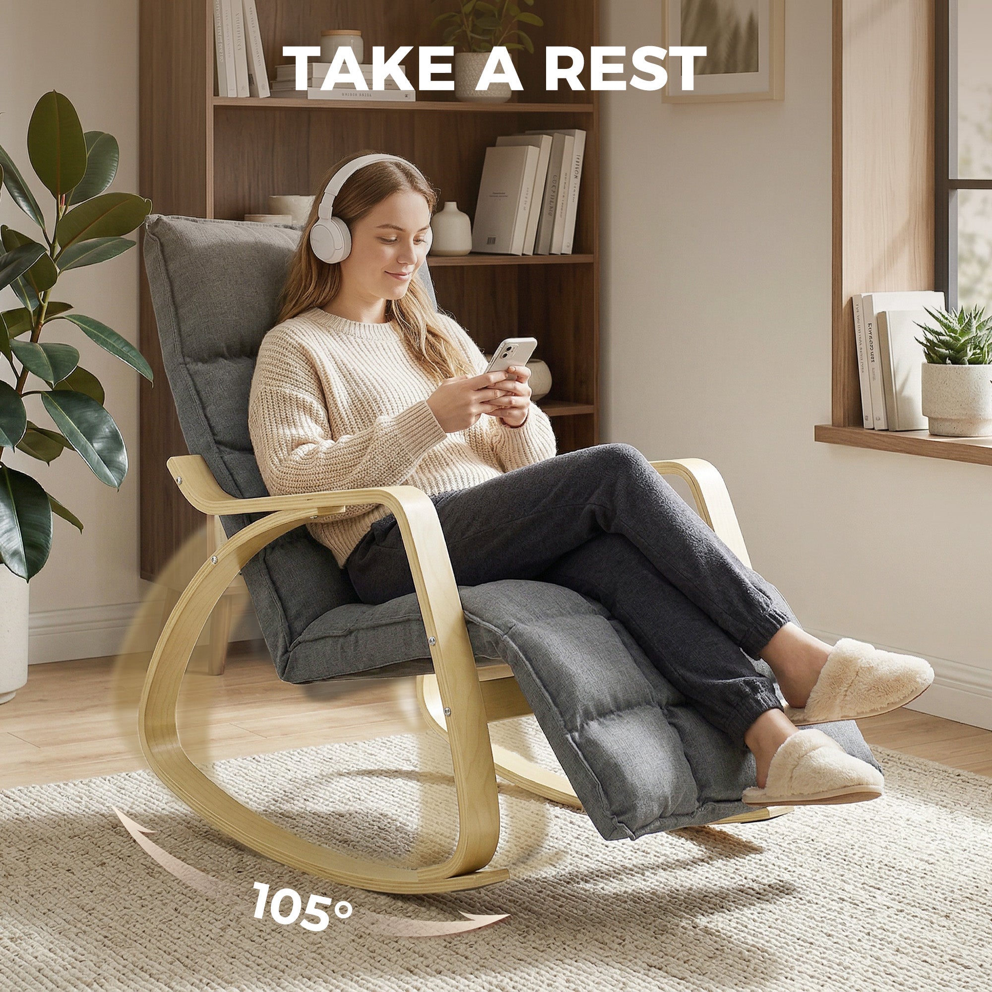 Rocking Recliner with 5-Position Adjustable Footrest, High Back, Linen-Look Upholstery — Gray