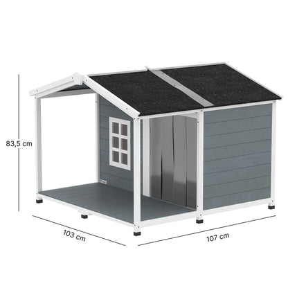 Waterproof Wooden Outdoor Dog House — 40.6 x 42.1 x 32.9 in (103 x 107 x 83.5 cm) Elevated Kennel with Lift-Up Asphalt Roof, Porch & Window — Gray — For Medium Dogs up to 44 lb