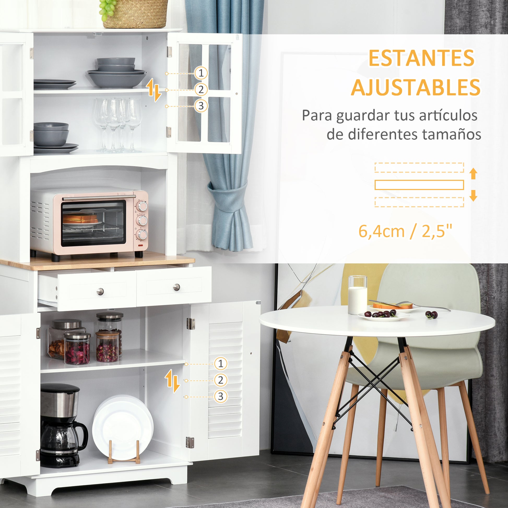 Kitchen Sideboard Kitchen Cabinet Dining Room Buffet with 2 Drawers Adjustable Shelves and Open Shelf Antiturning 68x39.5x170 cm White