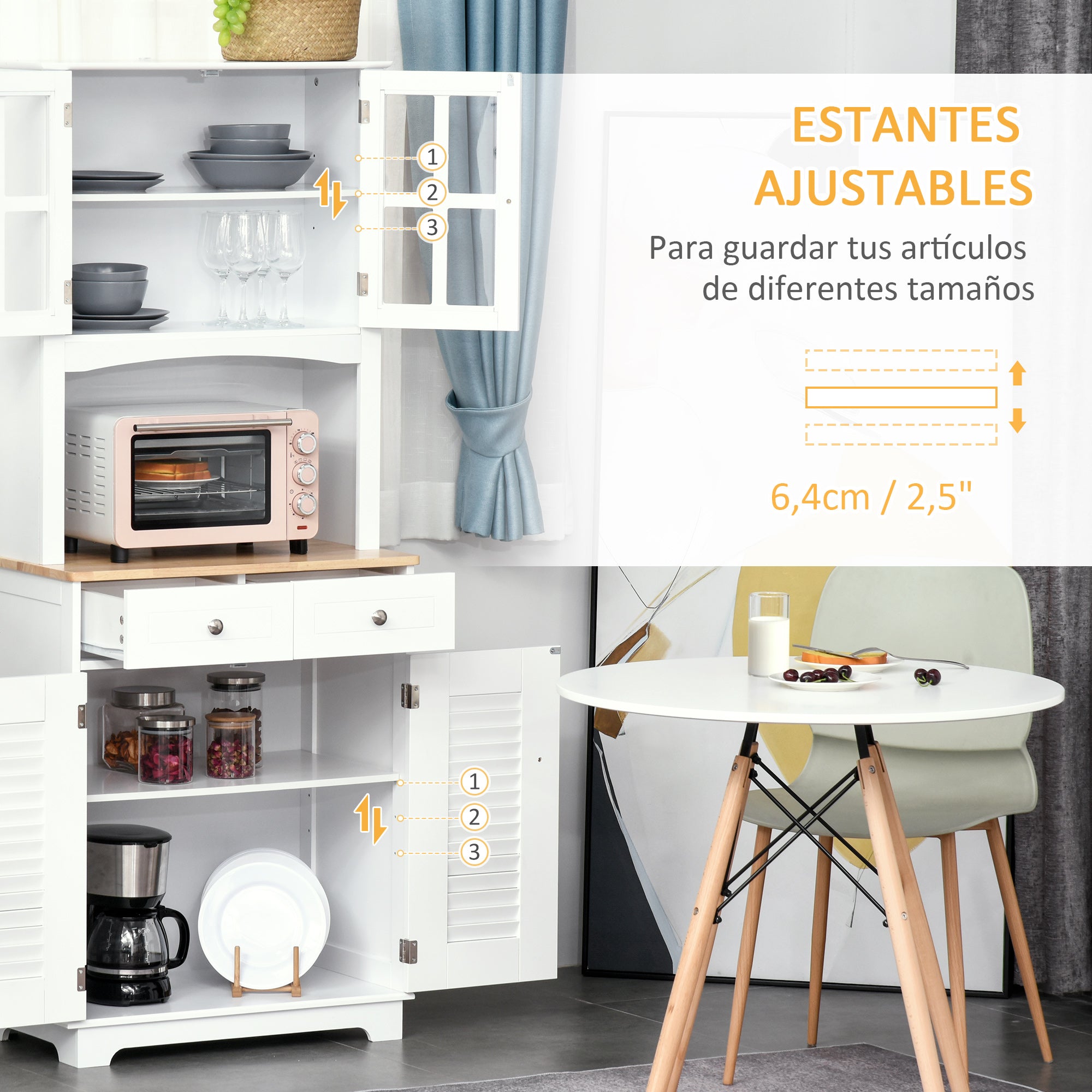Kitchen Sideboard Kitchen Cabinet Dining Room Buffet with 2 Drawers Adjustable Shelves and Open Shelf Antiturning 68x39.5x170 cm White
