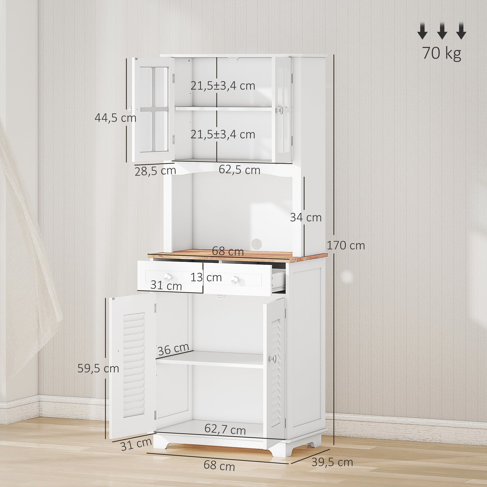 Kitchen Sideboard Kitchen Cabinet Dining Room Buffet with 2 Drawers Adjustable Shelves and Open Shelf Antiturning 68x39.5x170 cm White