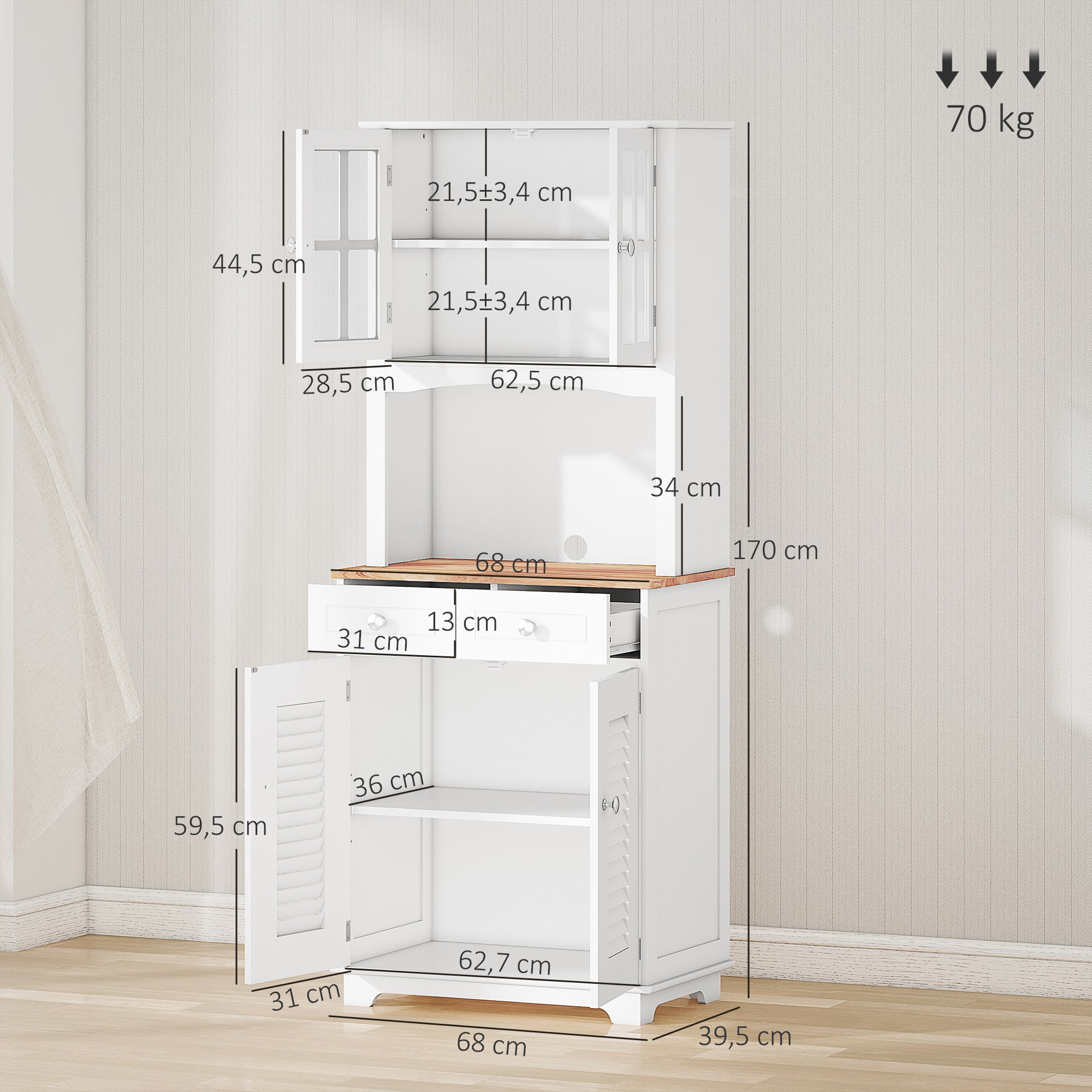Kitchen Sideboard Kitchen Cabinet Dining Room Buffet with 2 Drawers Adjustable Shelves and Open Shelf Antiturning 68x39.5x170 cm White