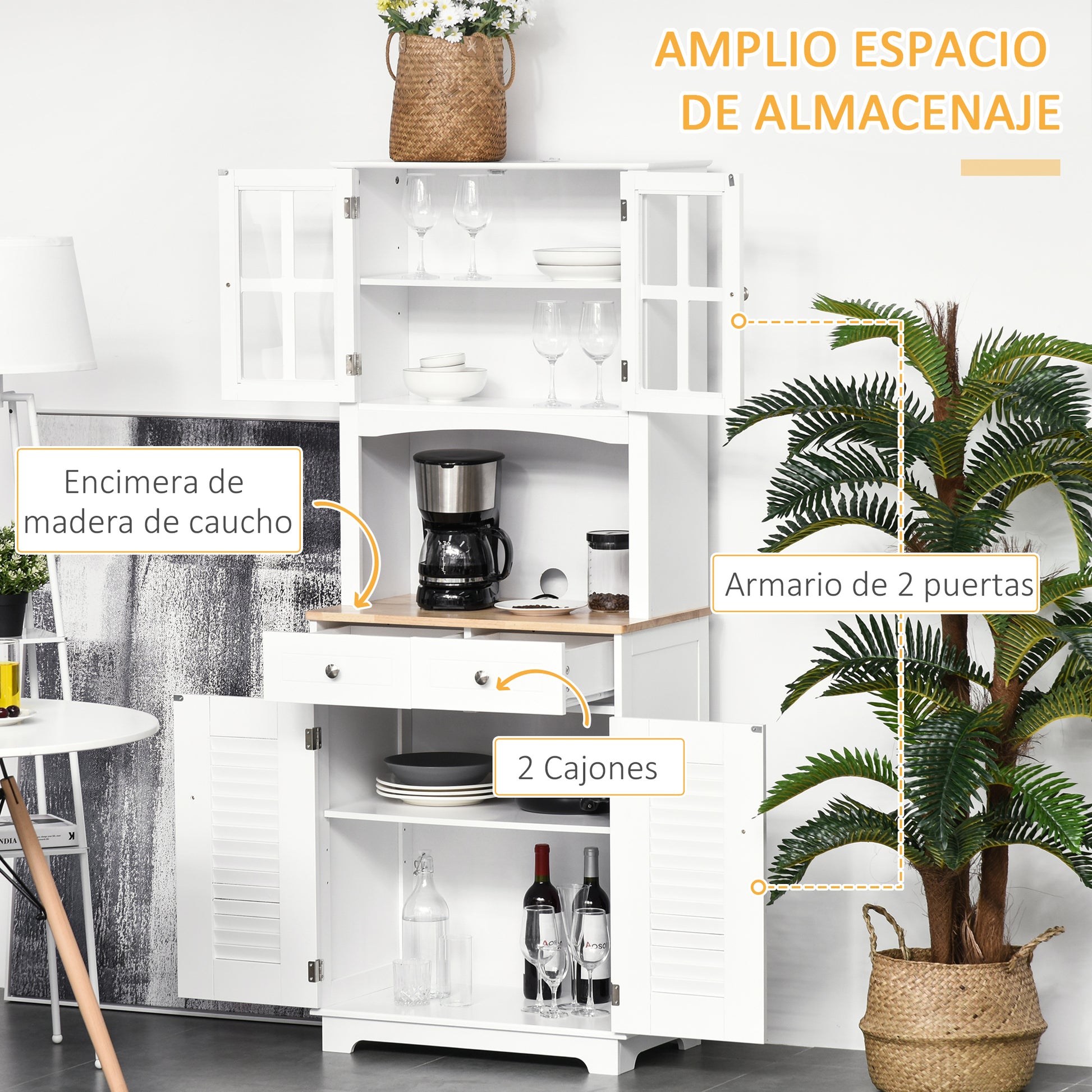 Kitchen Sideboard Kitchen Cabinet Dining Room Buffet with 2 Drawers Adjustable Shelves and Open Shelf Antiturning 68x39.5x170 cm White