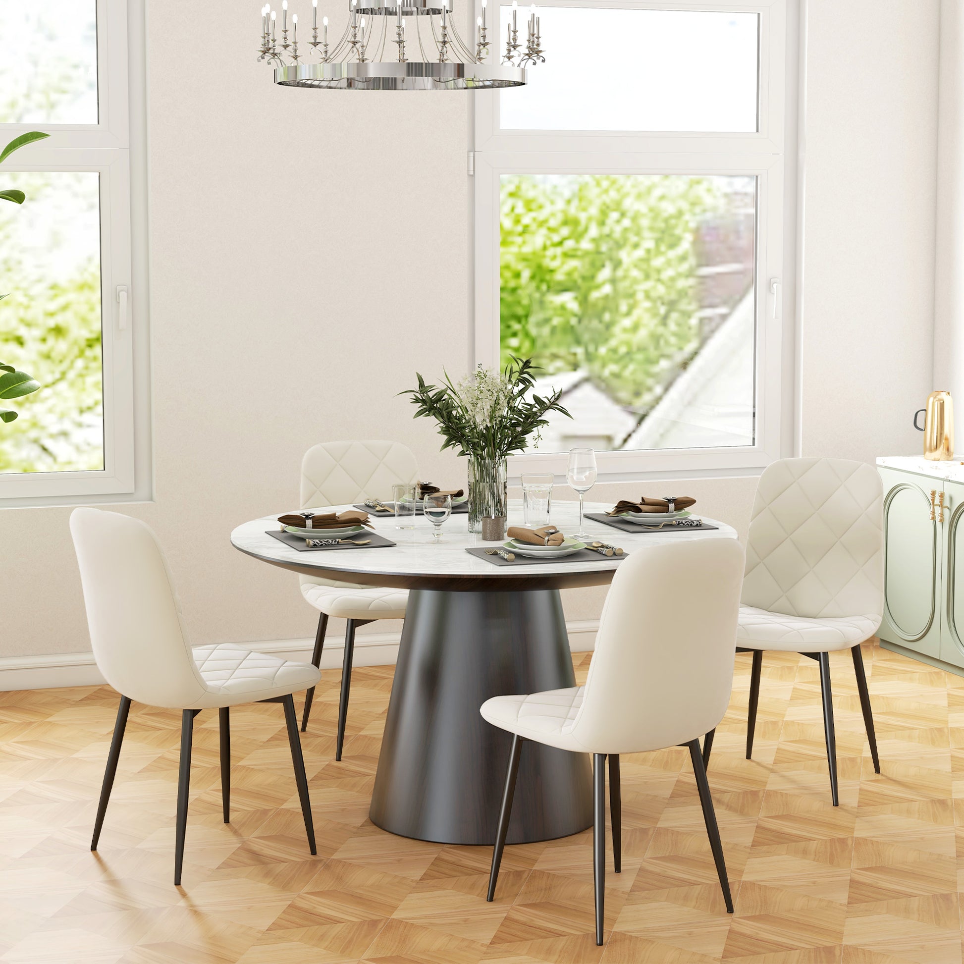 Set of 4 dining chairs, padded kitchen chairs with high backrest, steel legs and velvet effect fabric, for living room, bedroom, kitchen, cream