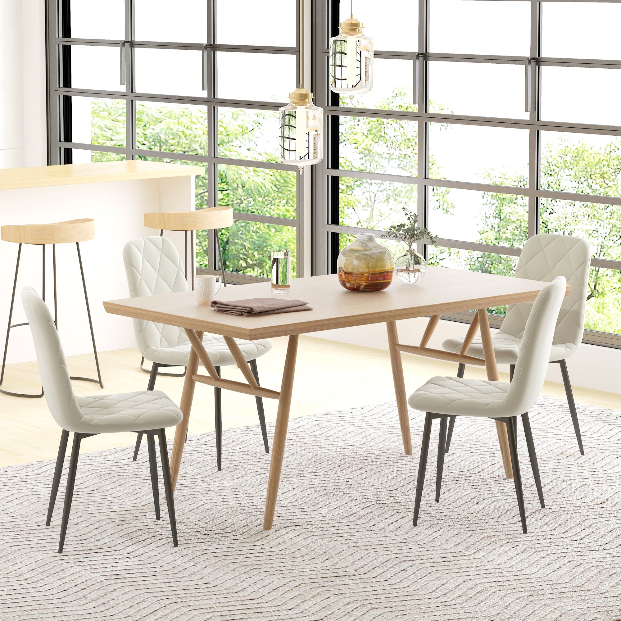 Set of 4 dining chairs, padded kitchen chairs with high backrest, steel legs and velvet effect fabric, for living room, bedroom, kitchen, cream
