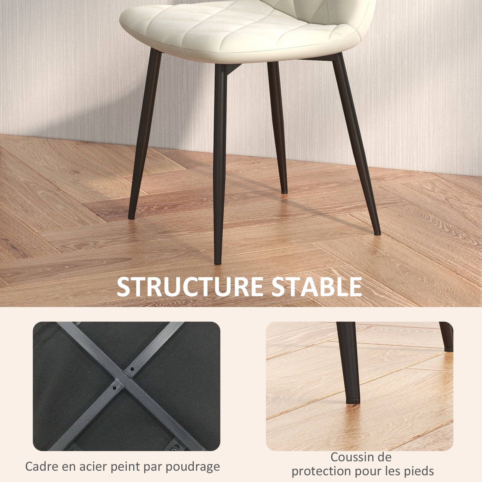 Set of 4 dining chairs, padded kitchen chairs with high backrest, steel legs and velvet effect fabric, for living room, bedroom, kitchen, cream