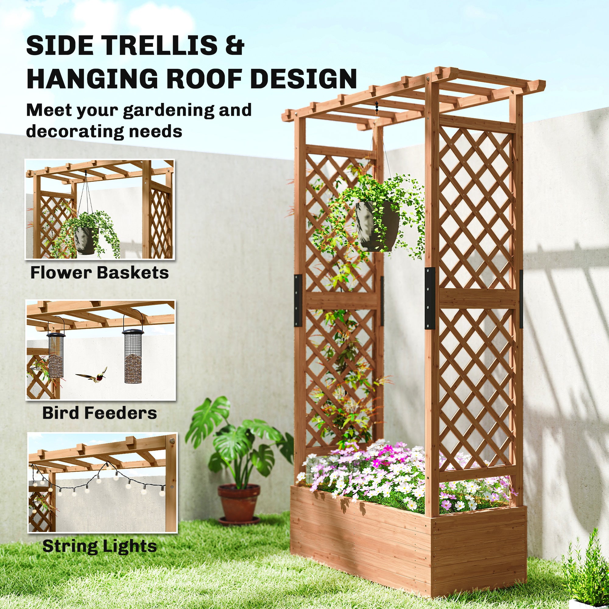 Raised Bed with Trellis & Hanging Roof — Wooden Planter Box with Climbing Support and Drainage Holes, for Garden & Balcony, 110 × 44 × 181 cm (43.3 × 17.3 × 71.3 in)