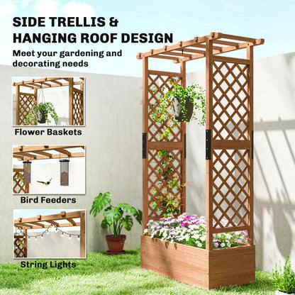 Raised Bed with Trellis & Hanging Roof — Wooden Planter Box with Climbing Support and Drainage Holes, for Garden & Balcony, 110 × 44 × 181 cm (43.3 × 17.3 × 71.3 in)