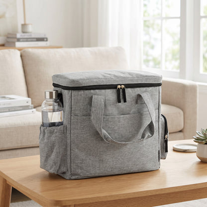 Dog Travel Treat Bag with 2 Insulated Food Containers & Collapsible Silicone Bowl, Pockets, Adjustable Divider — Portable Durable Light Gray