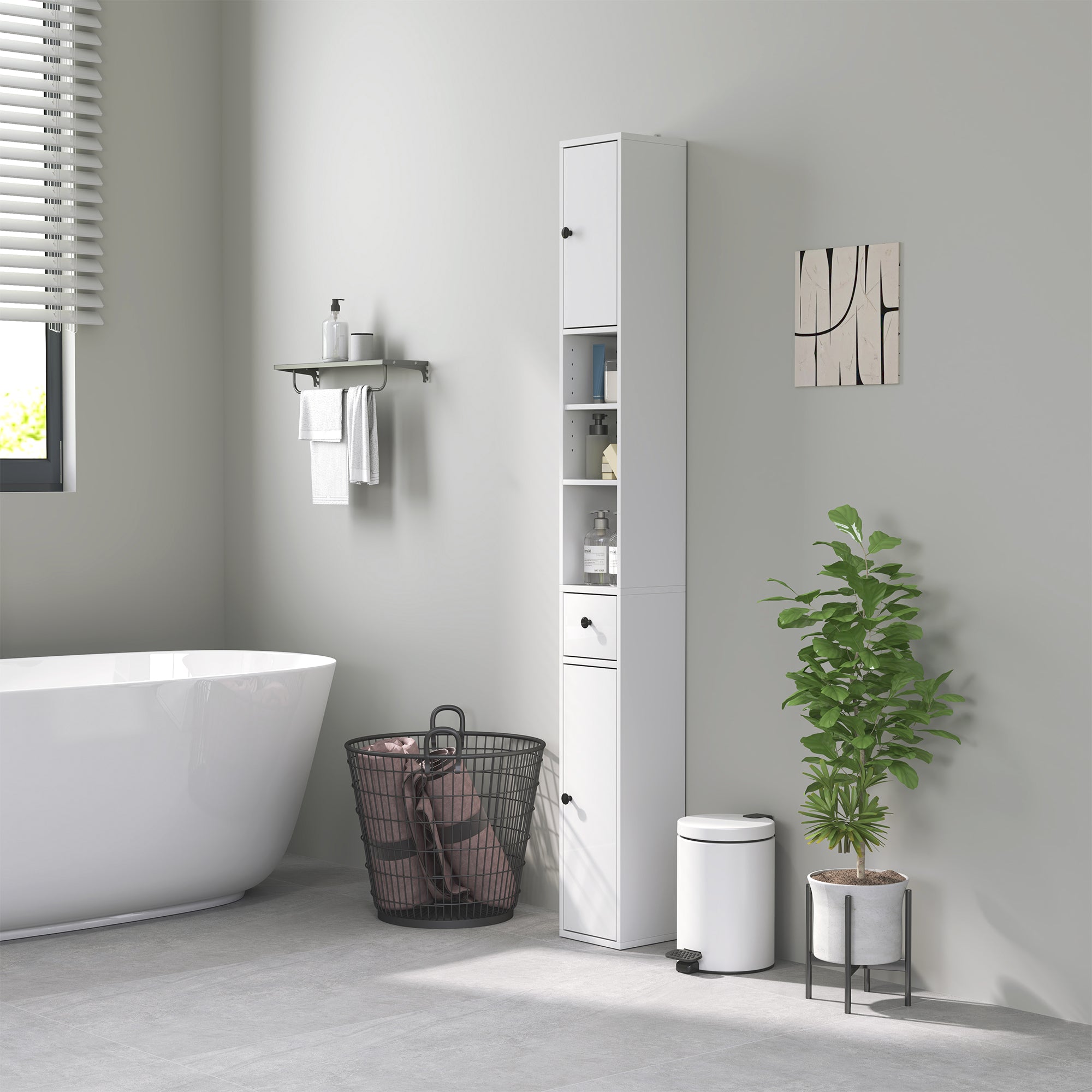 Bathroom Cabinet Slim, Tall Toilet Cabinet with Drawer, 3 Open Compartments, Adjustable Shelf, Bathroom Cabinet for Small Spaces, Bathroom, Living Room 20 x 20 x 178 cm White