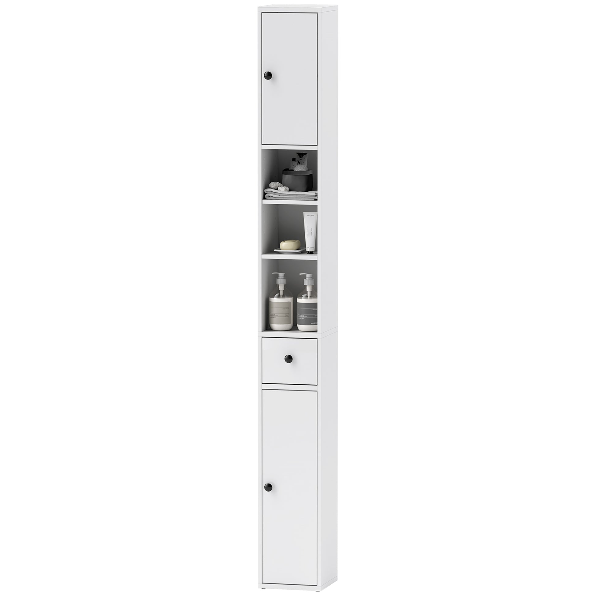 Bathroom Cabinet Slim, Tall Toilet Cabinet with Drawer, 3 Open Compartments, Adjustable Shelf, Bathroom Cabinet for Small Spaces, Bathroom, Living Room 20 x 20 x 178 cm White
