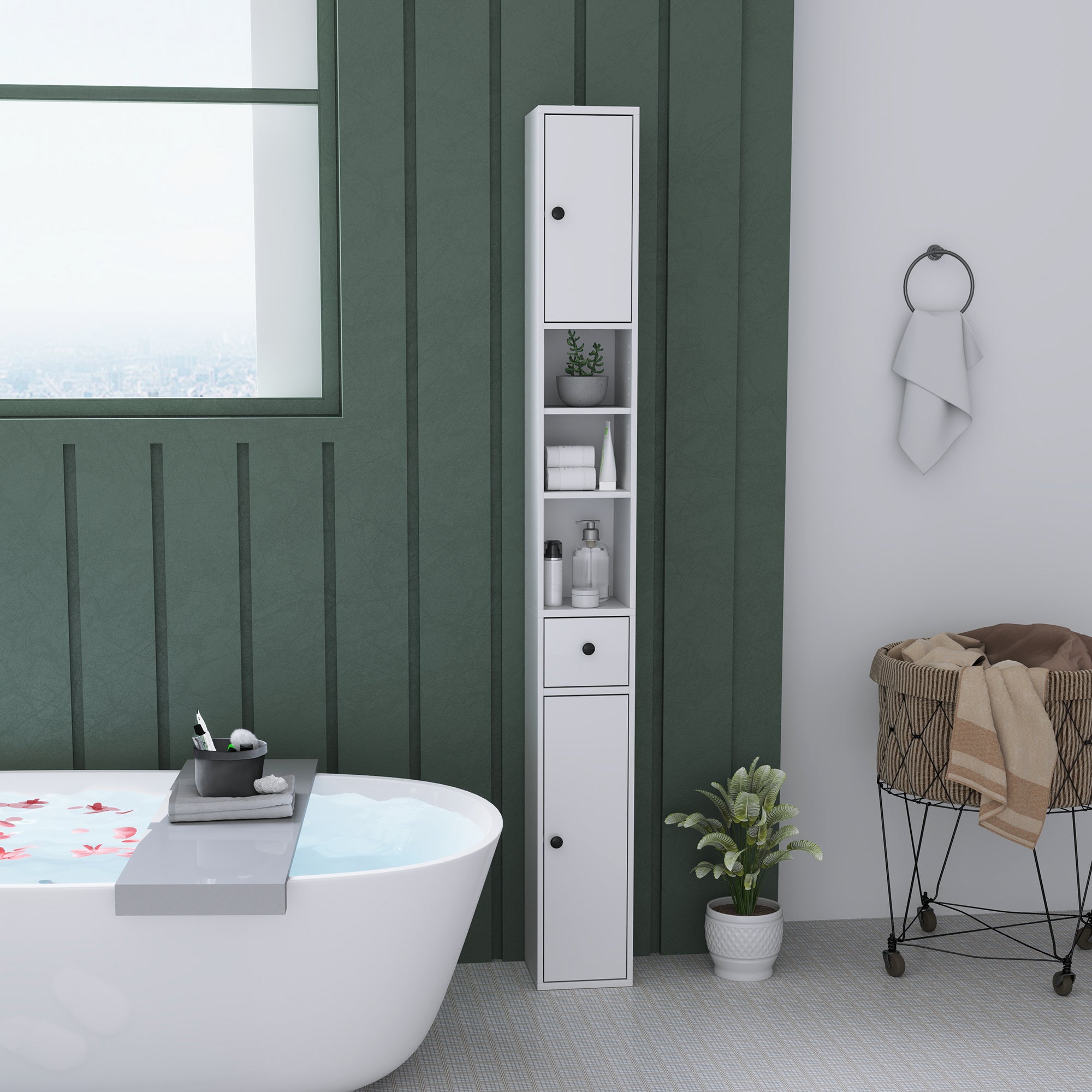 Bathroom Cabinet Slim, Tall Toilet Cabinet with Drawer, 3 Open Compartments, Adjustable Shelf, Bathroom Cabinet for Small Spaces, Bathroom, Living Room 20 x 20 x 178 cm White