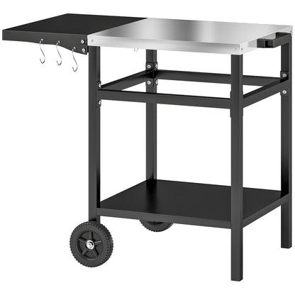 Barbecue Cart with Stainless Steel Top and Foldable Shelf, Outdoor Kitchen Table for Pizza Oven with Wheels, Handle, 6 Hooks, and Protective Cover, 91x58x76 cm, Black