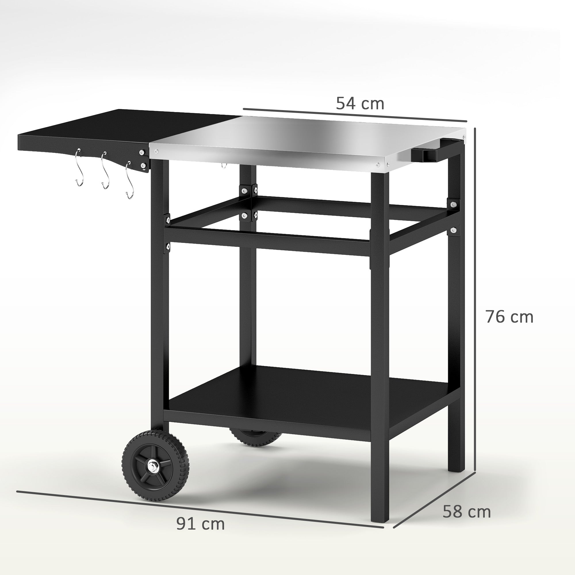 Barbecue Cart with Stainless Steel Top and Foldable Shelf, Outdoor Kitchen Table for Pizza Oven with Wheels, Handle, 6 Hooks, and Protective Cover, 91x58x76 cm, Black