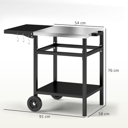 Barbecue Cart with Stainless Steel Top and Foldable Shelf, Outdoor Kitchen Table for Pizza Oven with Wheels, Handle, 6 Hooks, and Protective Cover, 91x58x76 cm, Black