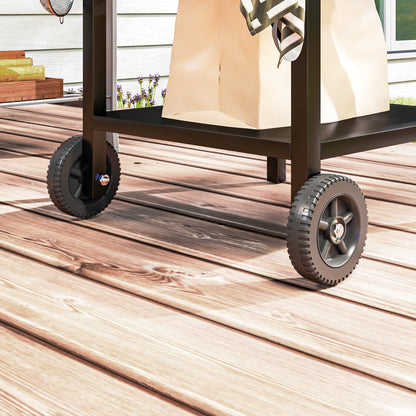 Barbecue Cart with Stainless Steel Top and Foldable Shelf, Outdoor Kitchen Table for Pizza Oven with Wheels, Handle, 6 Hooks, and Protective Cover, 91x58x76 cm, Black