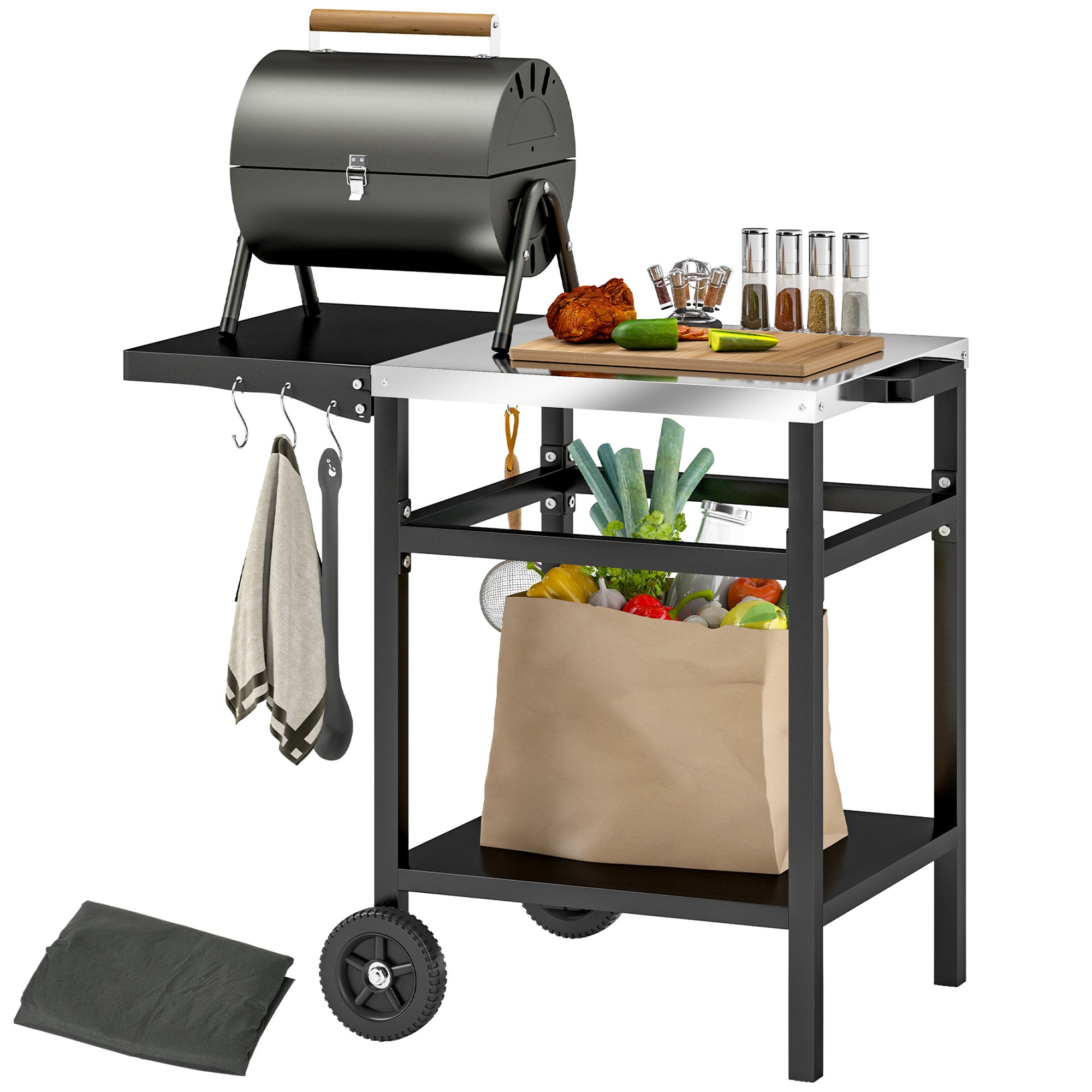 Barbecue Cart with Stainless Steel Top and Foldable Shelf, Outdoor Kitchen Table for Pizza Oven with Wheels, Handle, 6 Hooks, and Protective Cover, 91x58x76 cm, Black