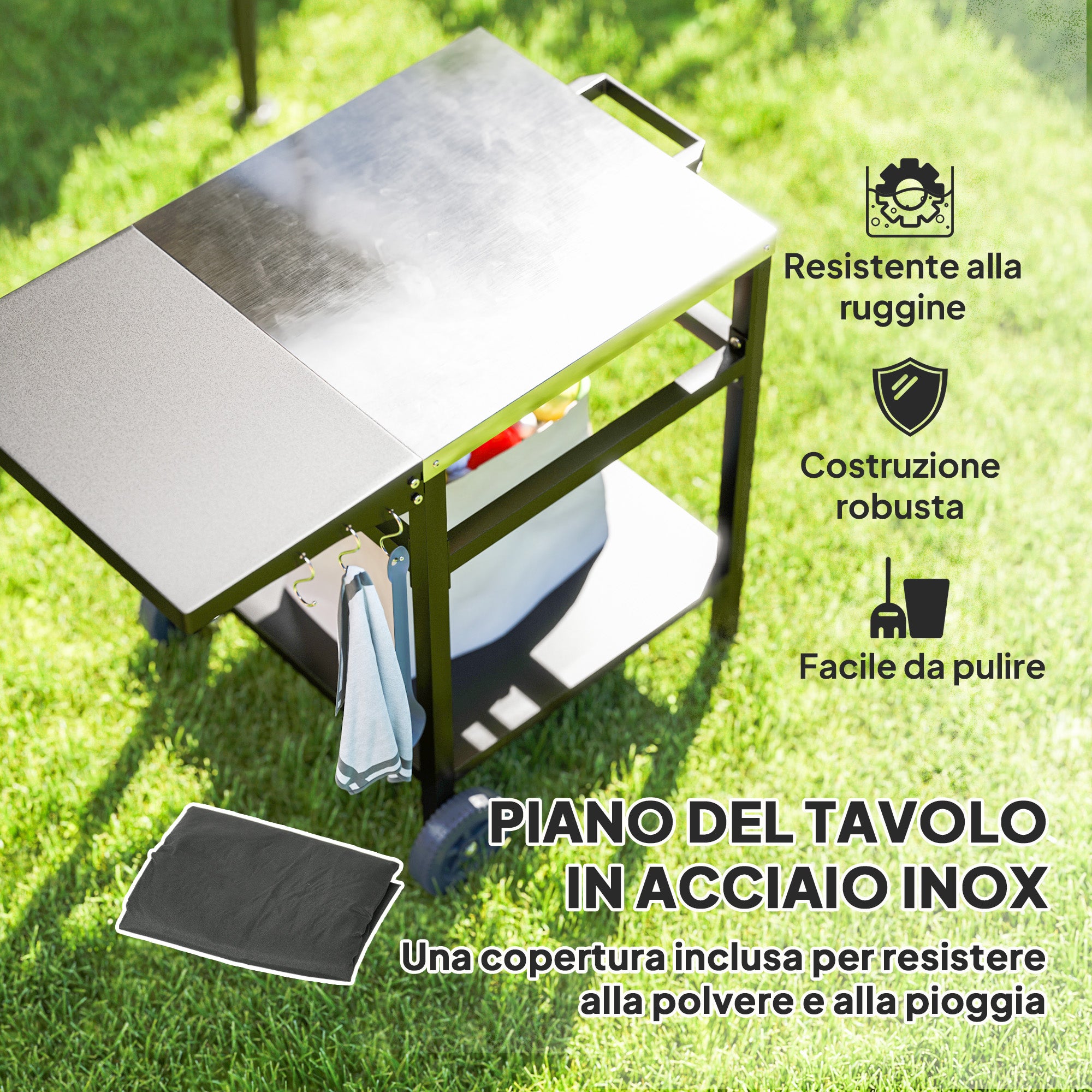 Barbecue Cart with Stainless Steel Top and Foldable Shelf, Outdoor Kitchen Table for Pizza Oven with Wheels, Handle, 6 Hooks, and Protective Cover, 91x58x76 cm, Black