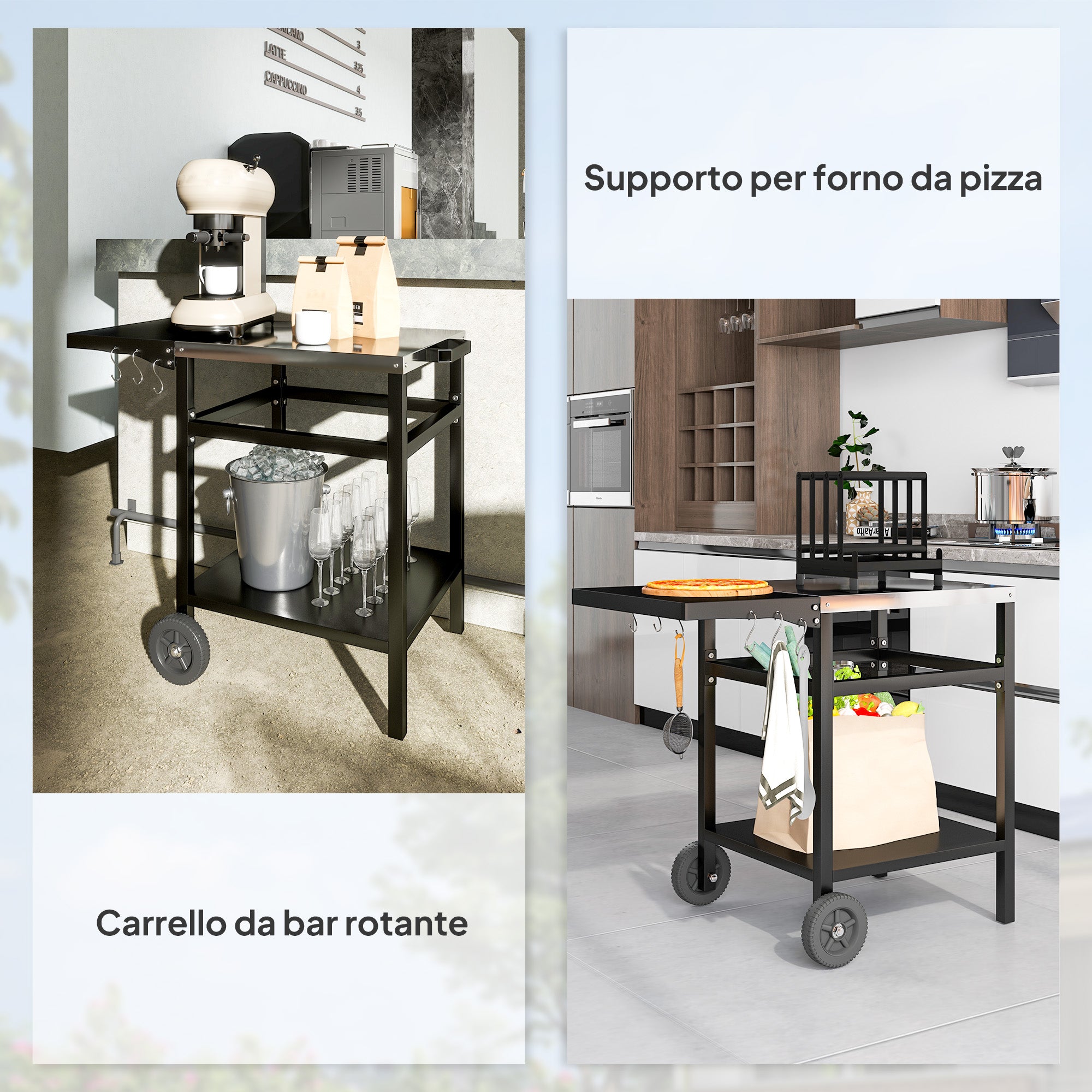 Barbecue Cart with Stainless Steel Top and Foldable Shelf, Outdoor Kitchen Table for Pizza Oven with Wheels, Handle, 6 Hooks, and Protective Cover, 91x58x76 cm, Black