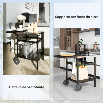 Barbecue Cart with Stainless Steel Top and Foldable Shelf, Outdoor Kitchen Table for Pizza Oven with Wheels, Handle, 6 Hooks, and Protective Cover, 91x58x76 cm, Black