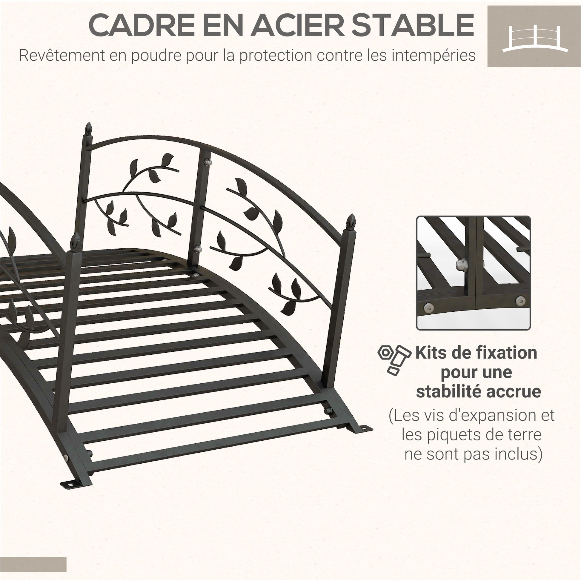 Garden Bridge - Pond Bridge - Garden Decoration dim. 119L x 67W x 47H cm with vine motif steel black balustrade
