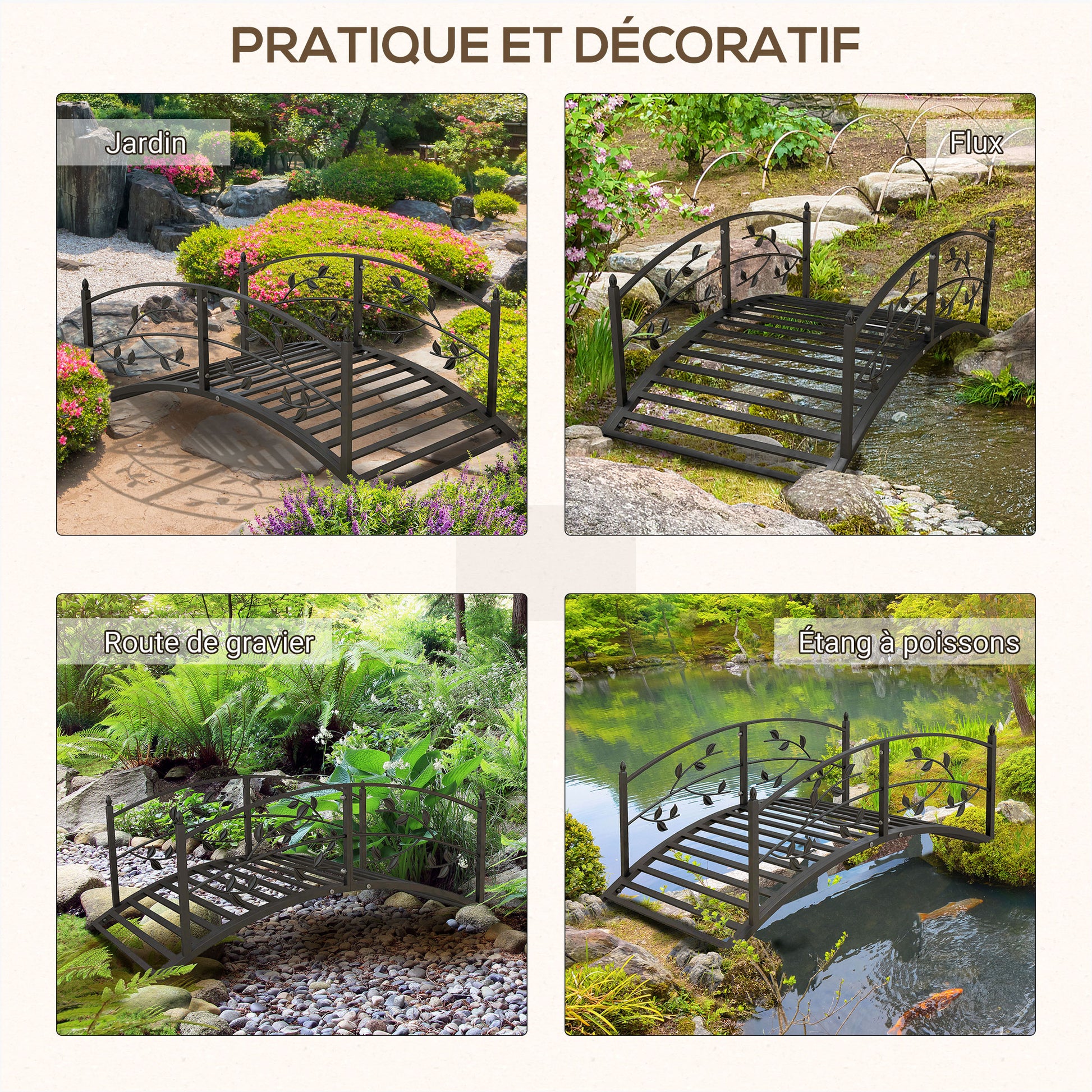 Garden Bridge - Pond Bridge - Garden Decoration dim. 119L x 67W x 47H cm with vine motif steel black balustrade