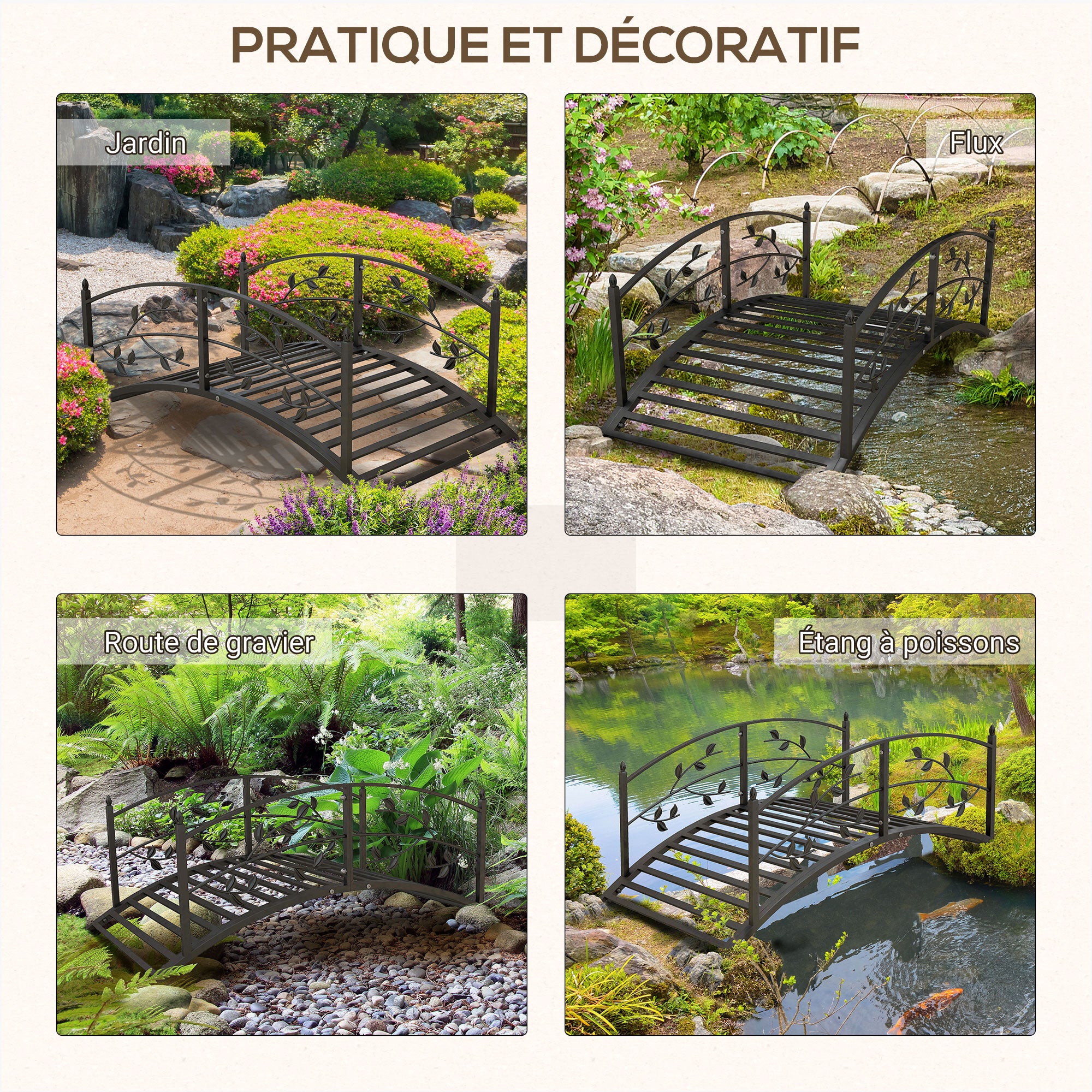 Garden Bridge - Pond Bridge - Garden Decoration dim. 119L x 67W x 47H cm with vine motif steel black balustrade
