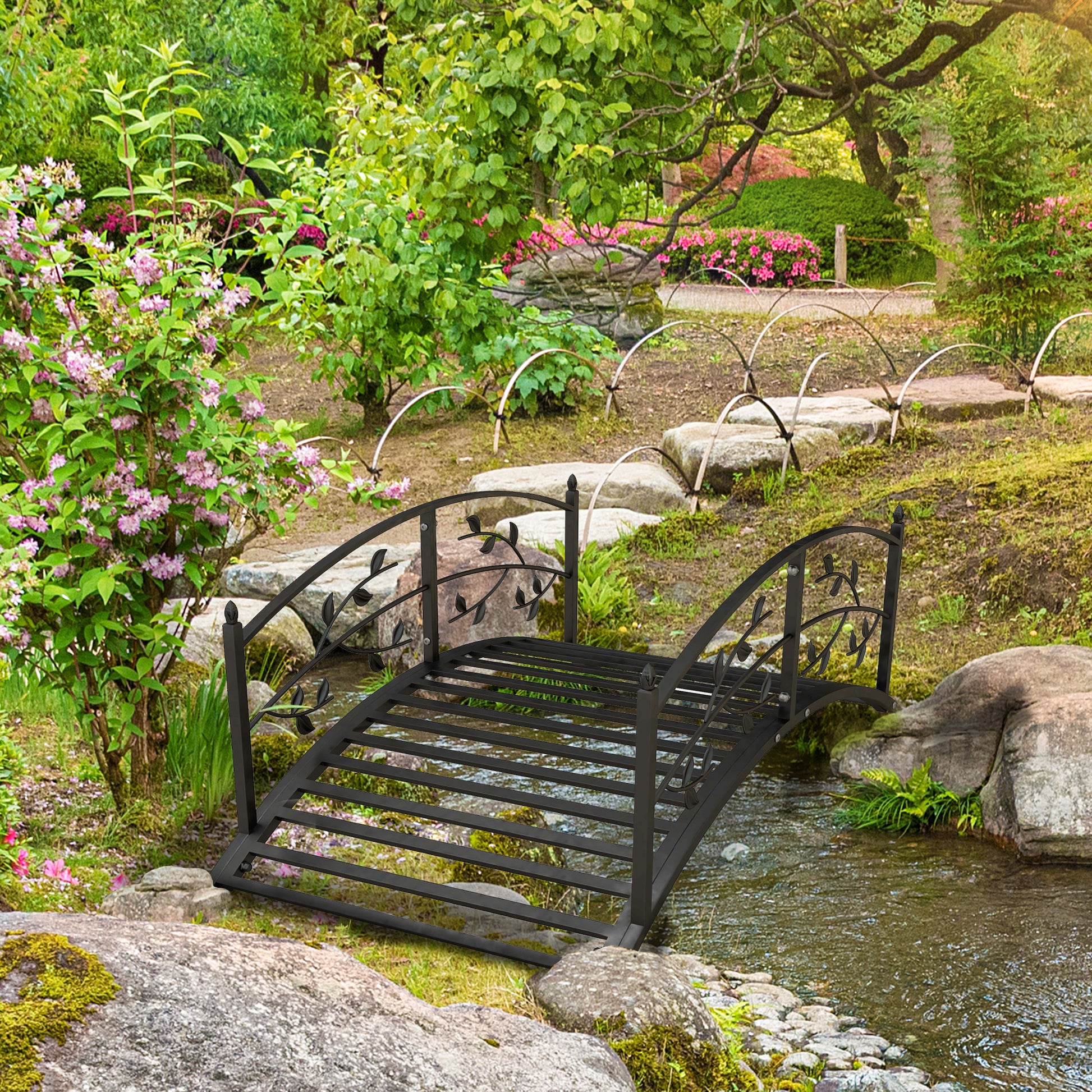 Garden Bridge - Pond Bridge - Garden Decoration dim. 119L x 67W x 47H cm with vine motif steel black balustrade