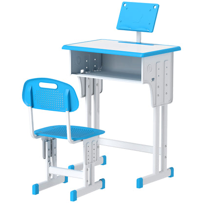 Kids Desk and Chair Set for 6-12 Year Olds Children Adjustable Height with 1 Drawer 1 Pencil Slot and 1 Bookshelf Steel 60x45x90-102 cm Blue