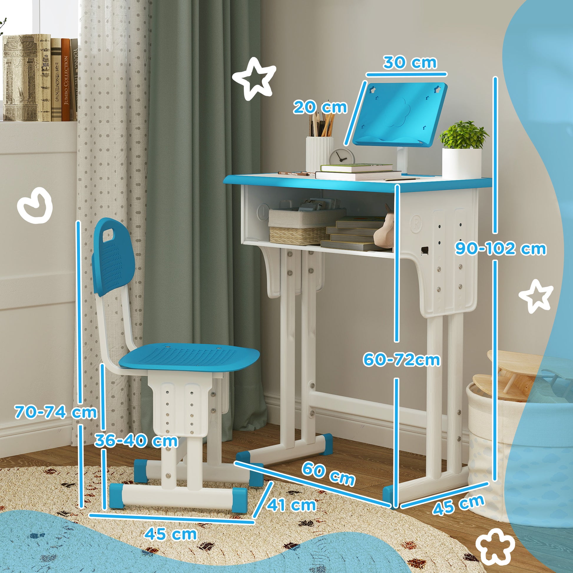 Kids Desk and Chair Set for 6-12 Year Olds Children Adjustable Height with 1 Drawer 1 Pencil Slot and 1 Bookshelf Steel 60x45x90-102 cm Blue