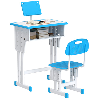 Kids Desk and Chair Set for 6-12 Year Olds Children Adjustable Height with 1 Drawer 1 Pencil Slot and 1 Bookshelf Steel 60x45x90-102 cm Blue