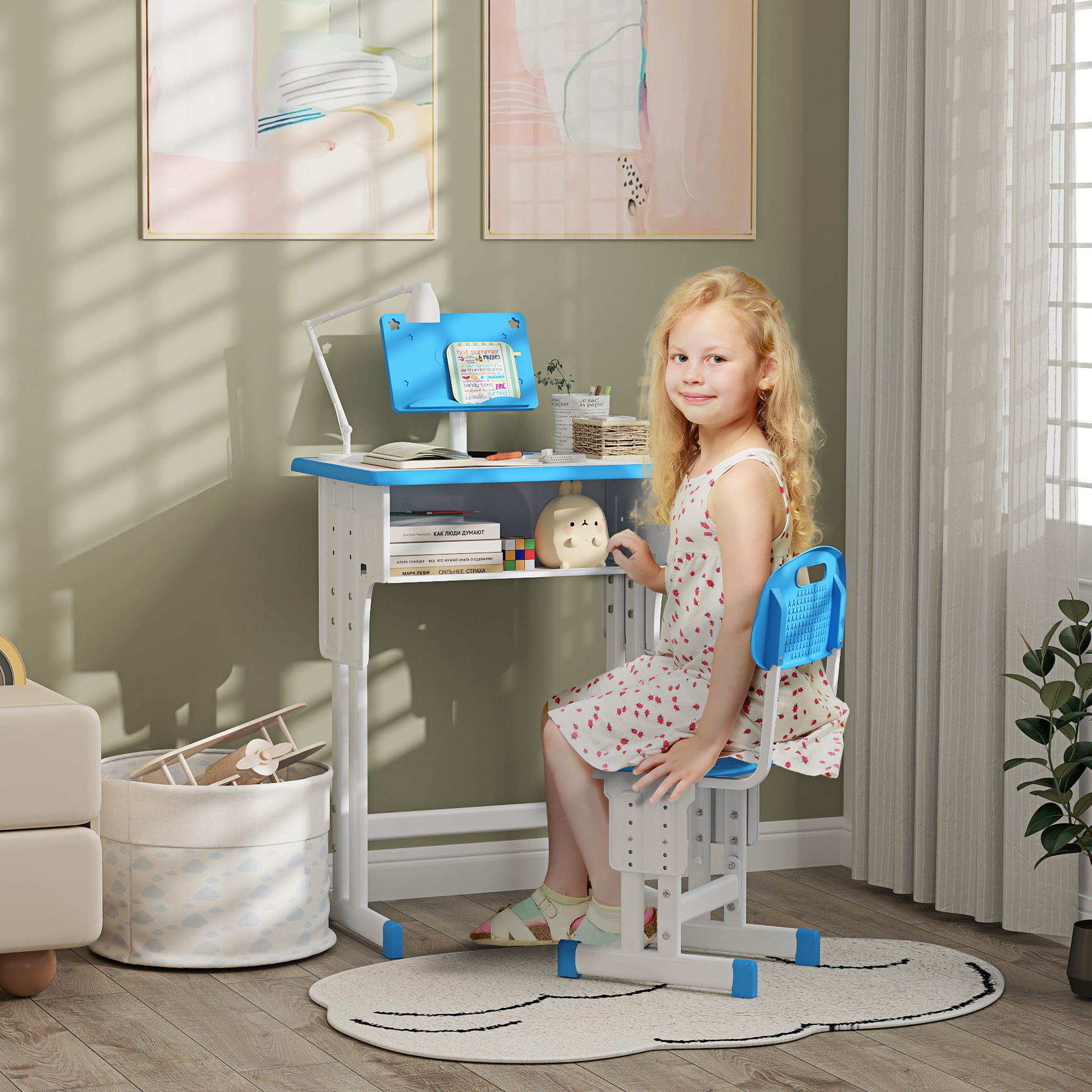 Kids Desk and Chair Set for 6-12 Year Olds Children Adjustable Height with 1 Drawer 1 Pencil Slot and 1 Bookshelf Steel 60x45x90-102 cm Blue