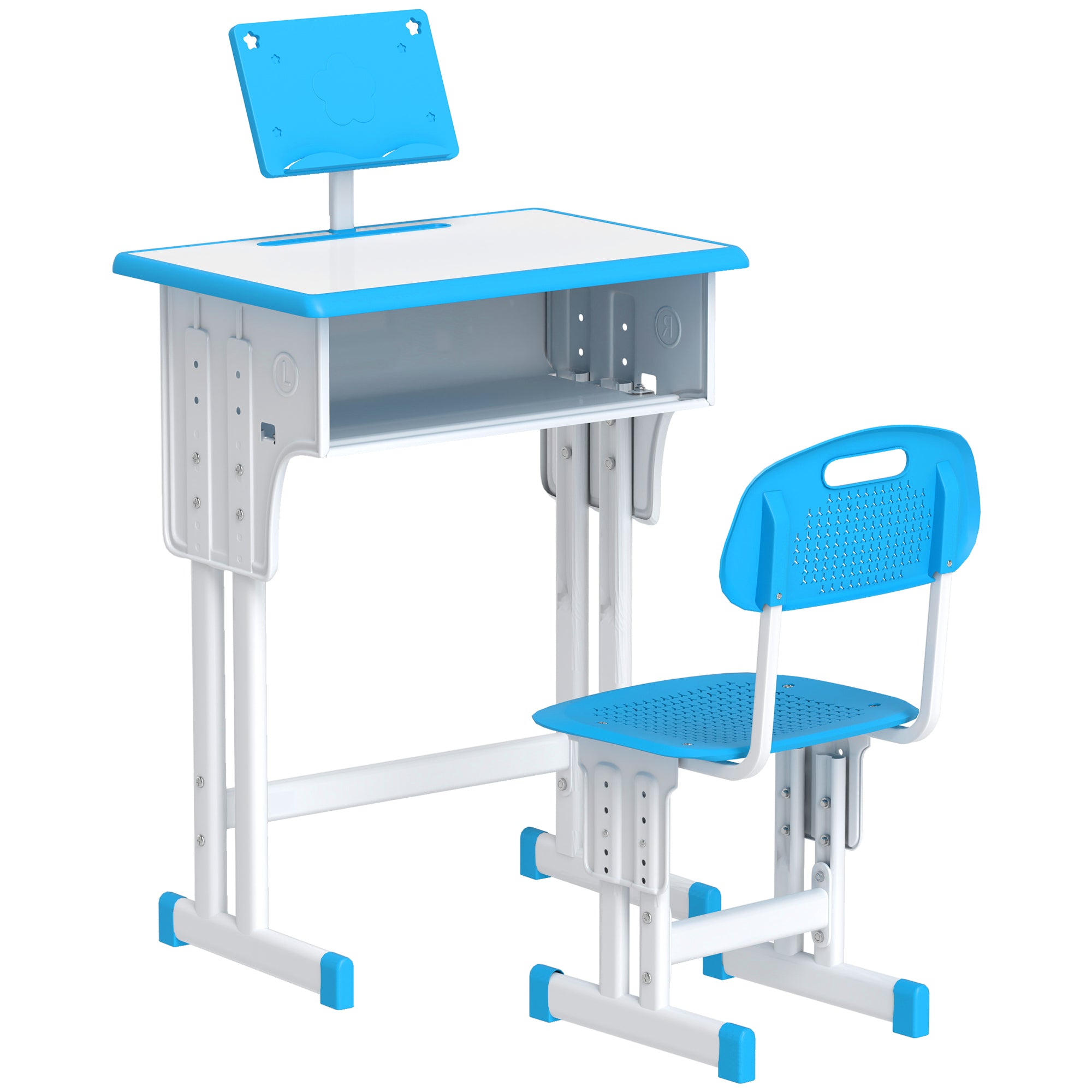 Kids Desk and Chair Set for 6-12 Year Olds Children Adjustable Height with 1 Drawer 1 Pencil Slot and 1 Bookshelf Steel 60x45x90-102 cm Blue